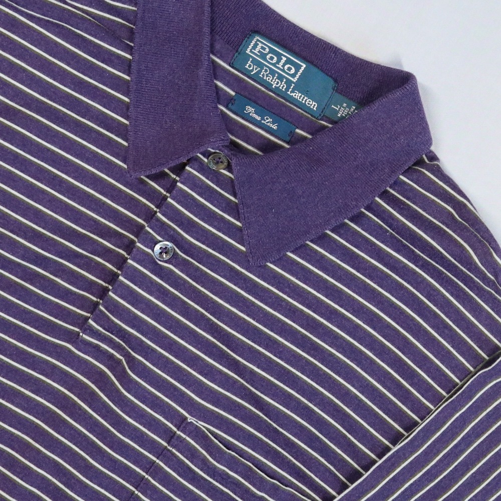 Vintage Polo Ralph Lauren Pima Lisle Shirt Men L Purple Stripe Pocket Green Pony